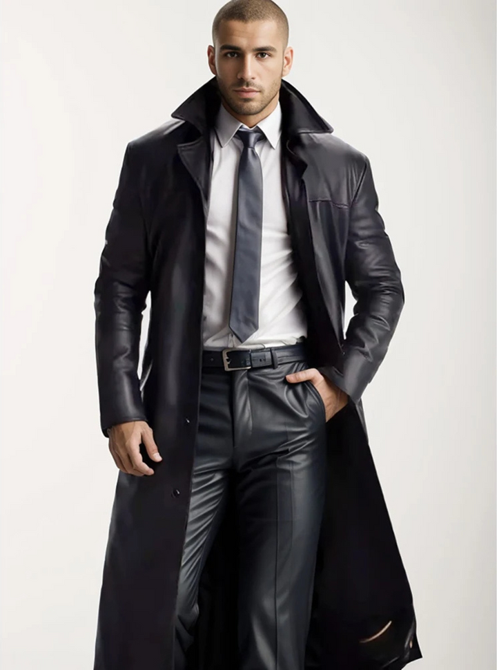 Close-up of a men's classic trench coat's fabric and button details, highlighting quality.