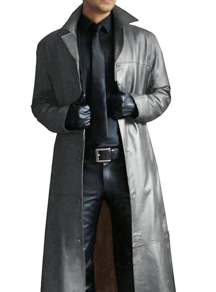 Men's fashionable longline trench coat, ideal for an elegant and chic outerwear look.