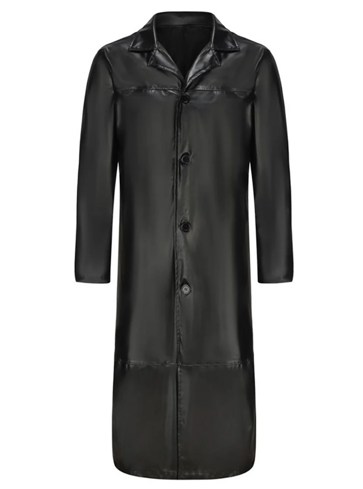A man wearing an elegant long trench coat, styled for a sophisticated urban look.