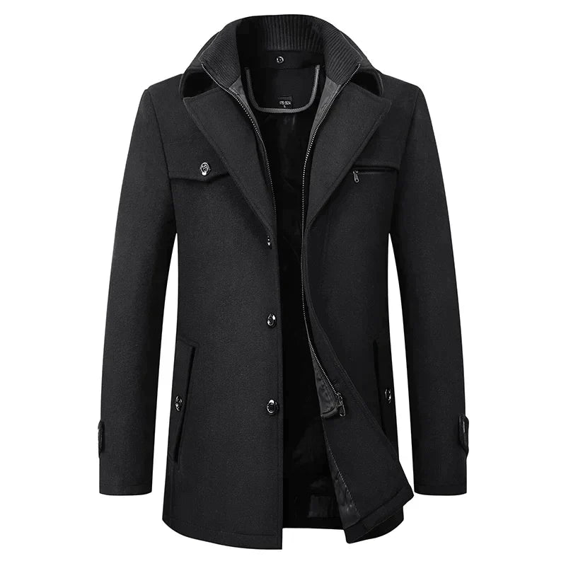Men's classic mid-length pea coat with notched lapel, ideal for winter outerwear and smart casual style.