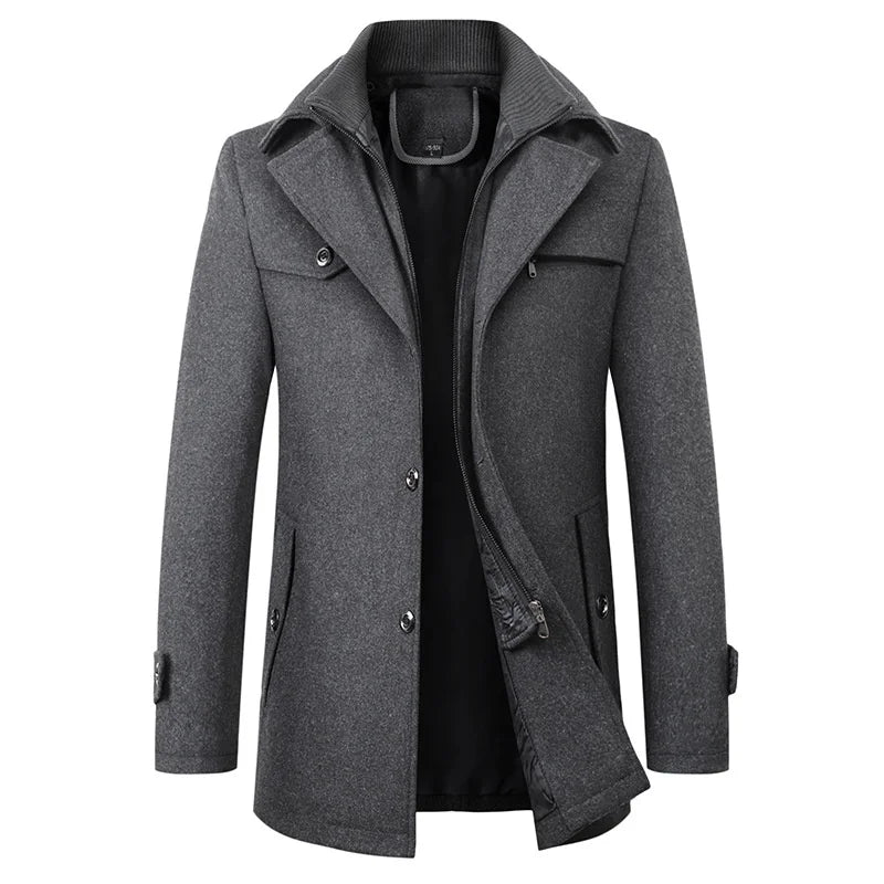 Warm men's winter pea coat, featuring a stylish mid-length cut and notched lapel for ultimate comfort.