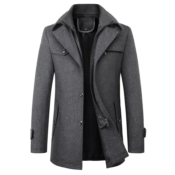 Warm men's winter pea coat, featuring a stylish mid-length cut and notched lapel for ultimate comfort.