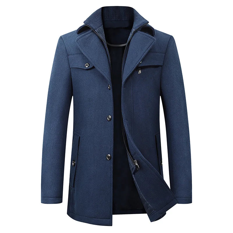 Stylish men's mid-length pea coat, perfect as a classic winter jacket with a sophisticated notched lapel.