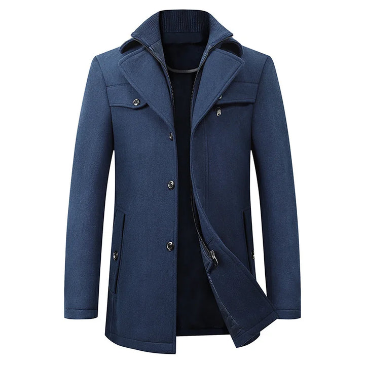 Stylish men's mid-length pea coat, perfect as a classic winter jacket with a sophisticated notched lapel.