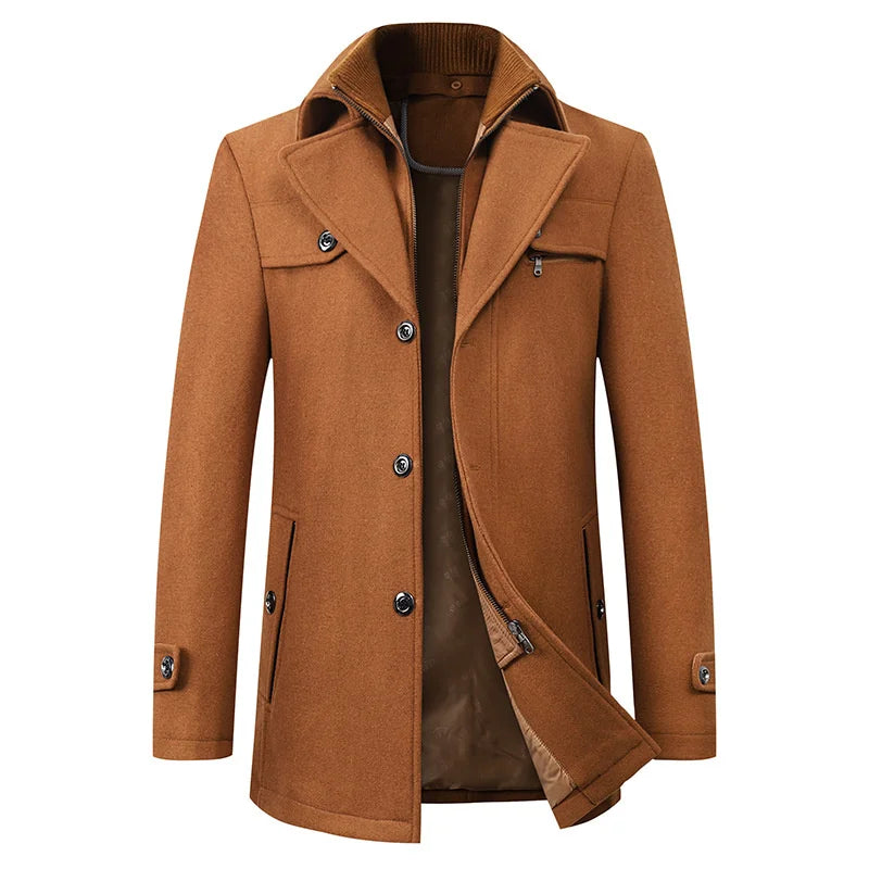 Casual yet formal men's mid-length pea coat with a sharp notched lapel, a versatile winter jacket choice.