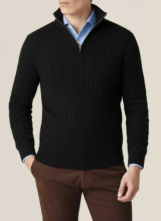 Men's classic navy cable knit half zip sweater, ideal for casual spring fashion.