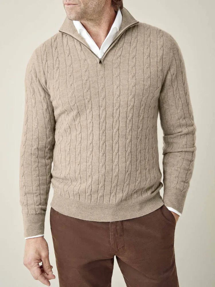 Front view of a men's casual cable knit half zip sweater, perfect for everyday wear.
