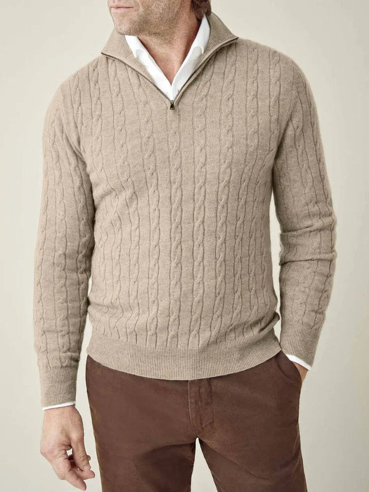 Front view of a men's casual cable knit half zip sweater, perfect for everyday wear.