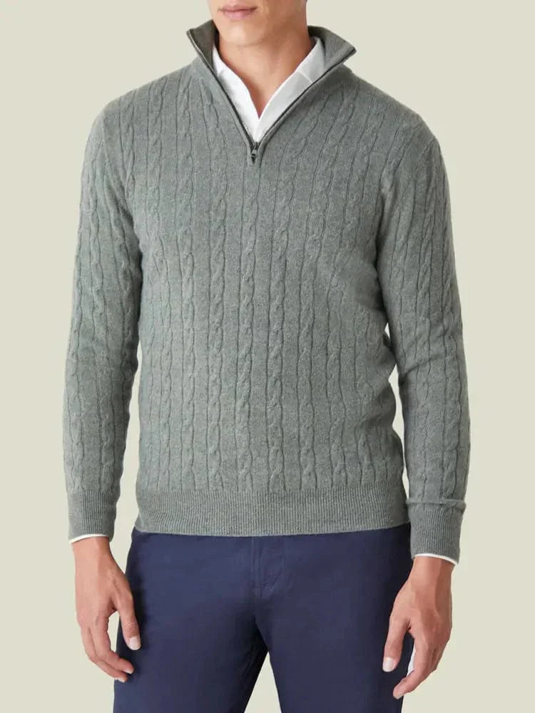 Comfortable men's knitwear: a long sleeve cable knit half zip sweater for men's apparel.