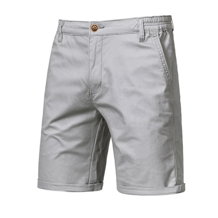 Back view: Men's comfortable grey chino shorts, featuring pockets for summer essentials.