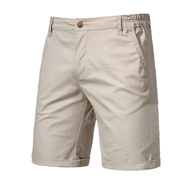Versatile khaki men's chino shorts, perfect for warm weather & everyday summer outfits.