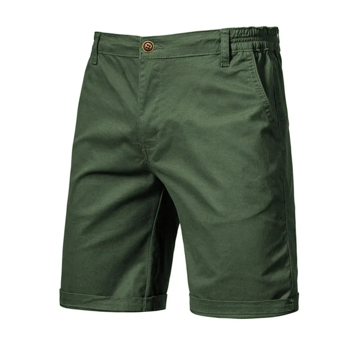 Front view: Men's classic chino shorts in navy, perfect for smart casual summer events.