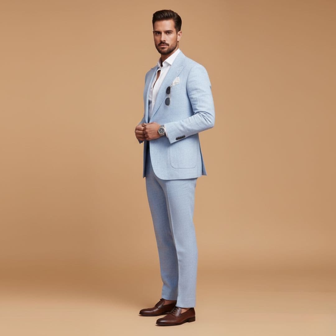 Flat front tailored trousers for men's classic two-piece suit, ensuring a sleek and professional look for any event.
