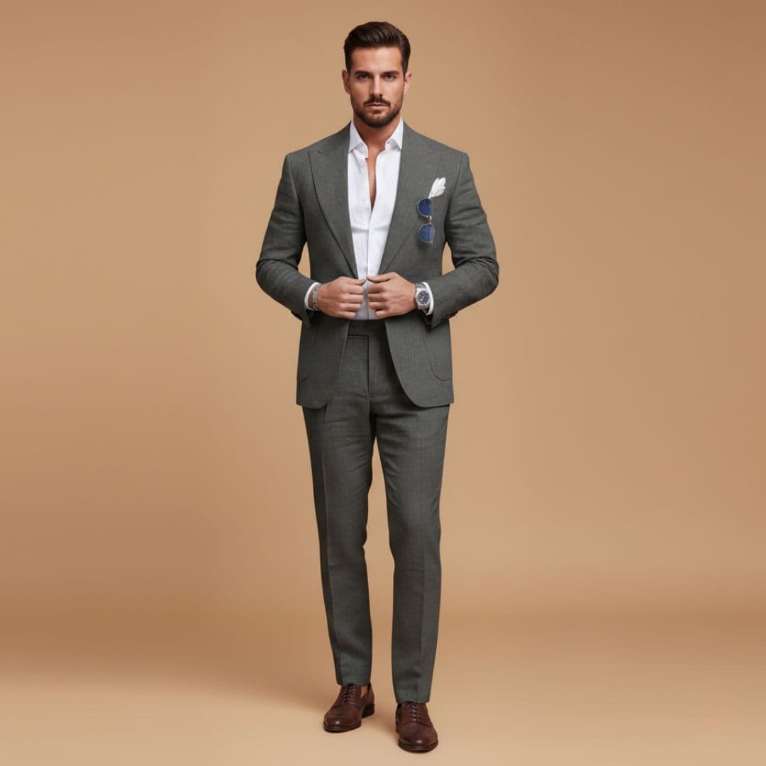 Elegant men's wedding suit, a classic two-piece with notch lapel and tailored fit, perfect for groomsmen & guests.