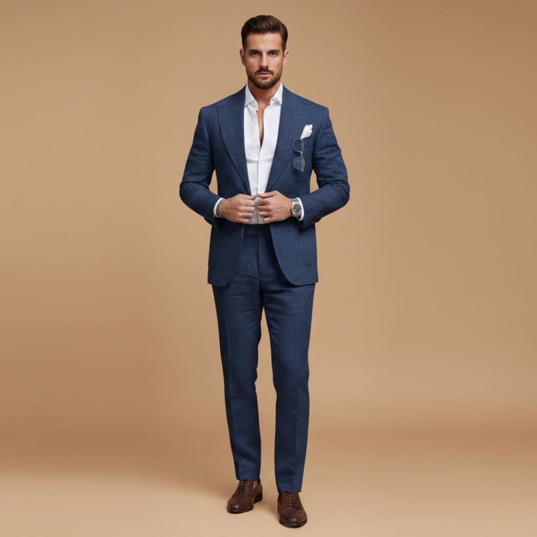 Tailored men's event suit, a classic two-piece design with notch lapel and flat front pants for sophisticated style.