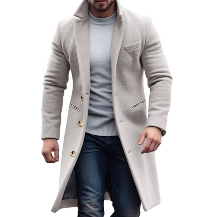 Men's classic olive green mid-length winter trench coat, front view, for formal outerwear