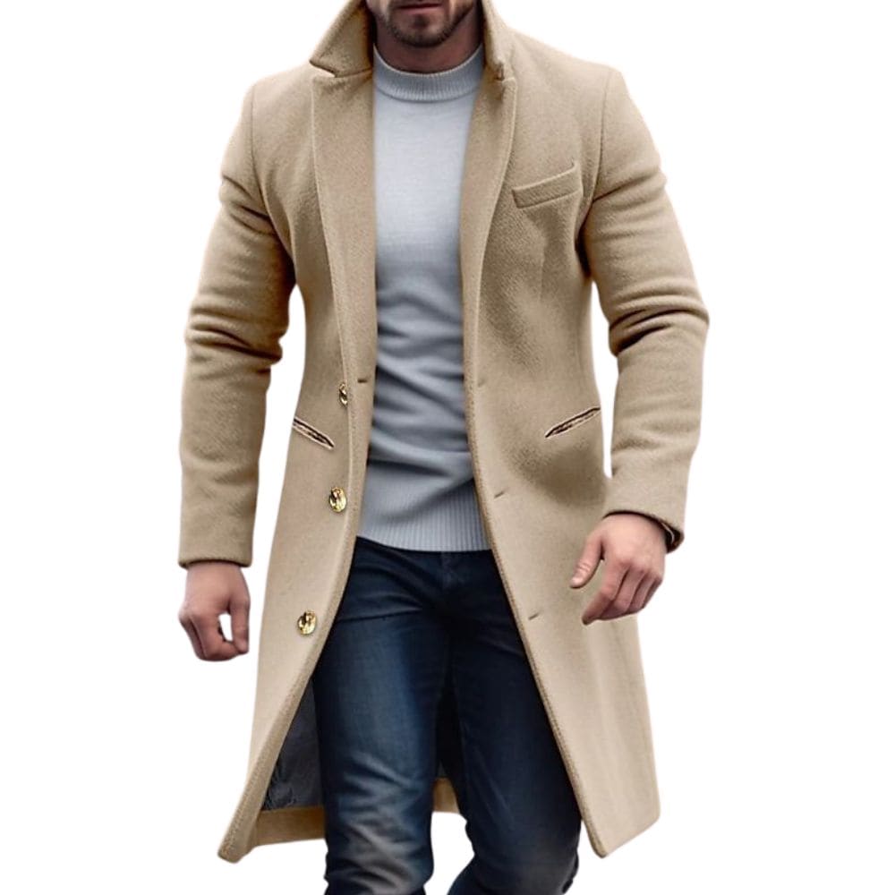 Stylish men's mid-length navy blue winter trench coat, ideal for formal fashion and warmth