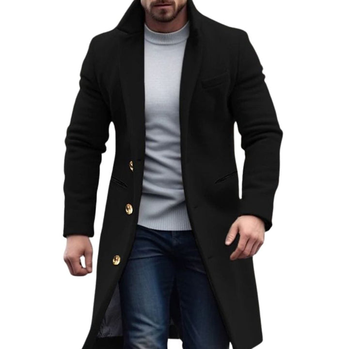 Classic black men's winter trench coat, mid-length design for elegant and warm outerwear