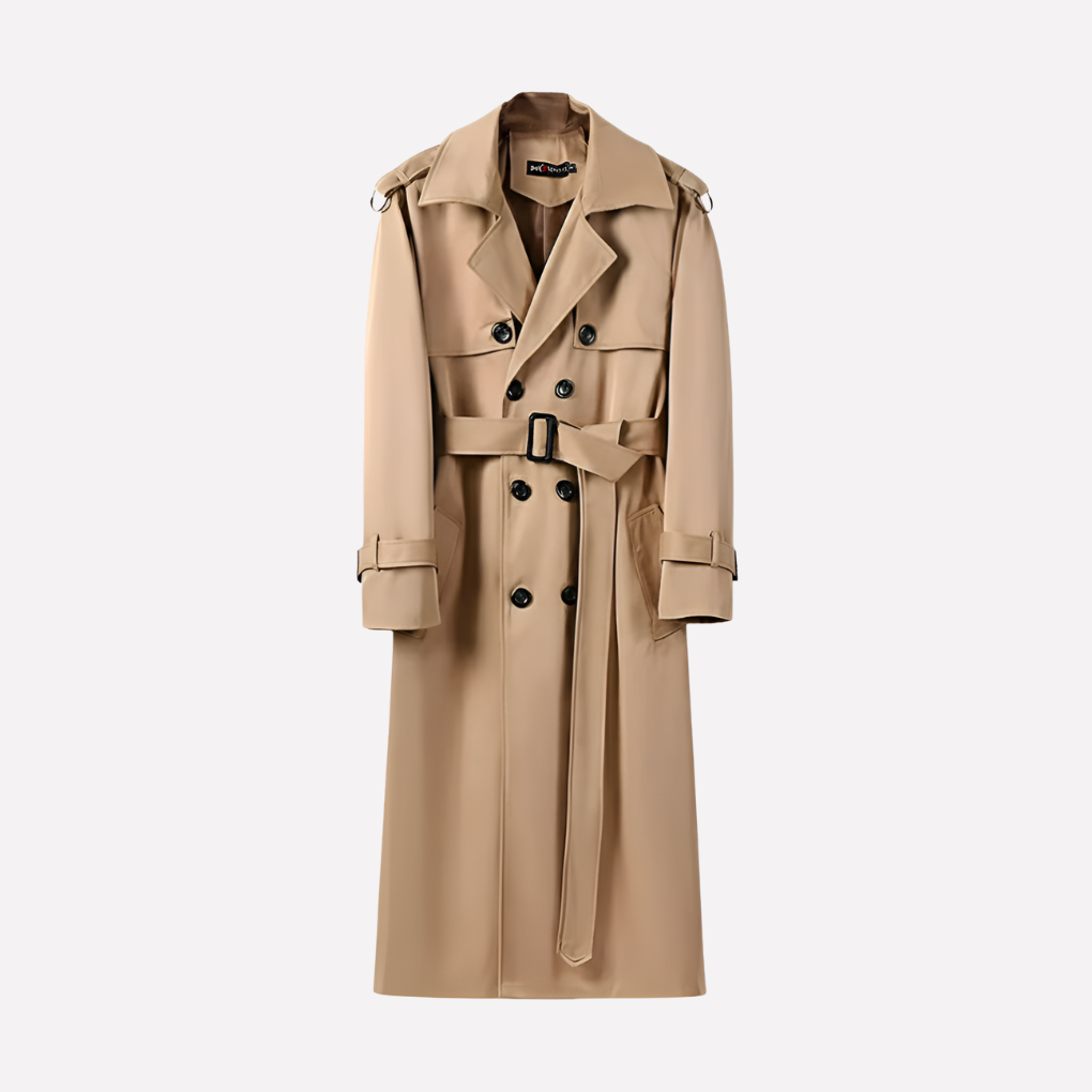 Men's classic over-the-knee belted trench coat, perfect for elegant business attire and smart casual fall/winter fashion.