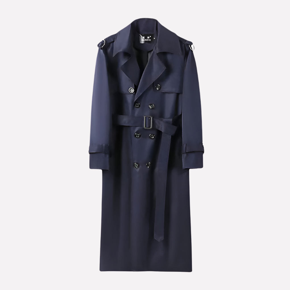 Stylish men's long over-the-knee trench coat with belt, ideal fall jacket or winter outerwear for a sophisticated look.