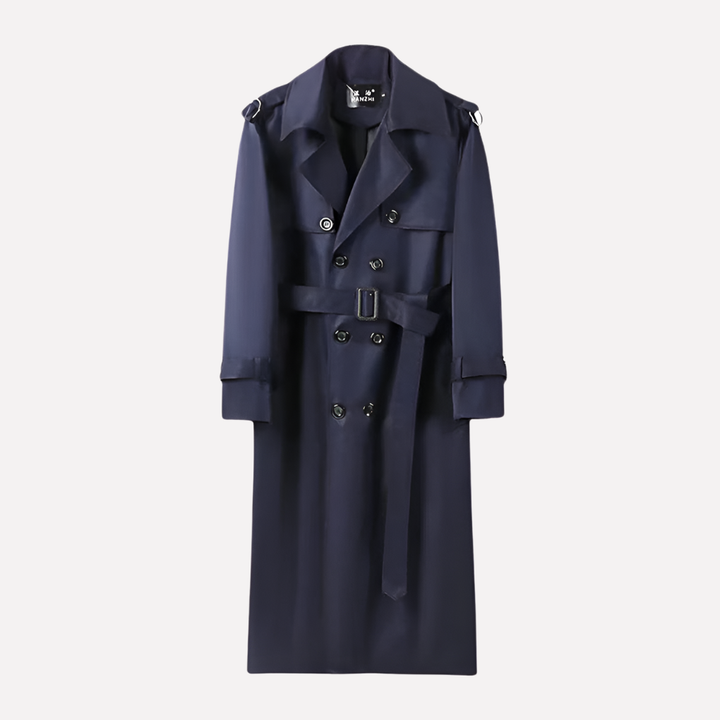 Stylish men's long over-the-knee trench coat with belt, ideal fall jacket or winter outerwear for a sophisticated look.