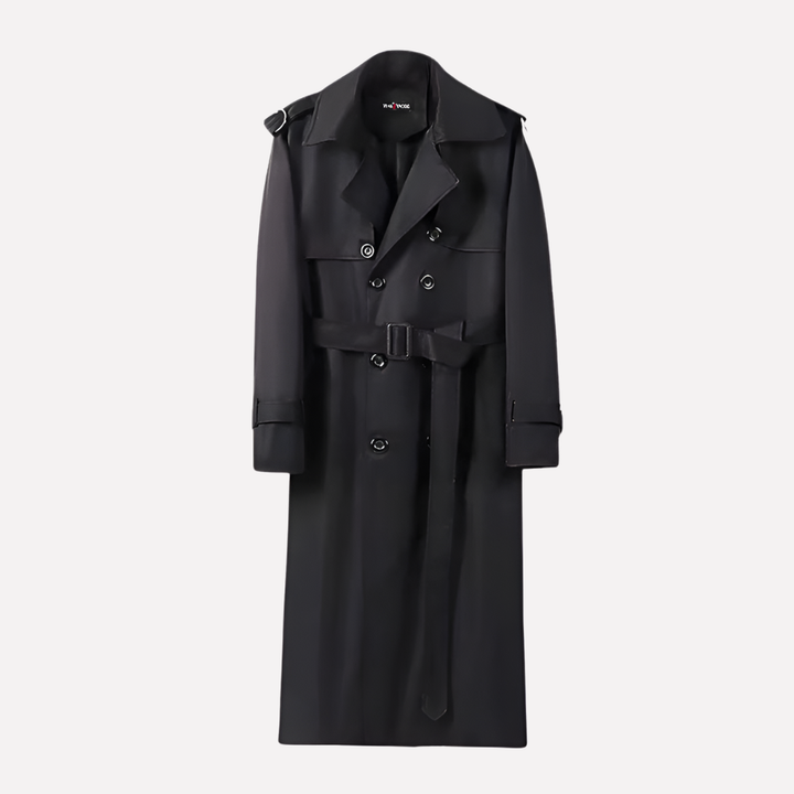 Elegant men's belted over-the-knee trench coat, a timeless classic outerwear piece for refined business and casual wear.
