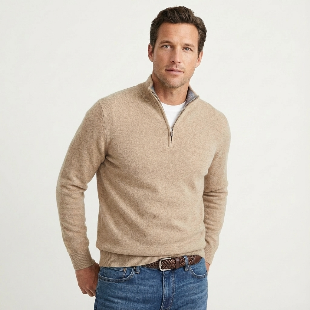 Classic men's quarter-zip sweater, a comfortable long-sleeve knit pullover for versatile smart-casual style.
