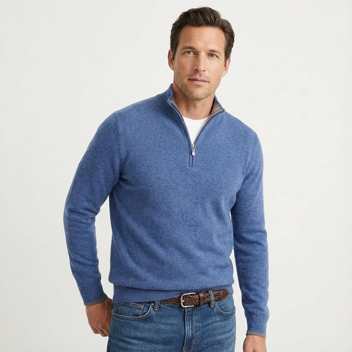 Classic men's zip-neck pullover sweater, a quarter-zip design offering smart-casual style and layering ease.