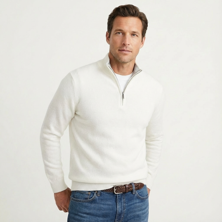 Effortlessly stylish men's quarter-zip sweater, a classic knit jumper for smart-casual and everyday wear.