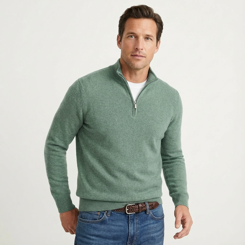 Textured knit men's quarter-zip jumper, a comfortable long-sleeve pullover for versatile layering & style.