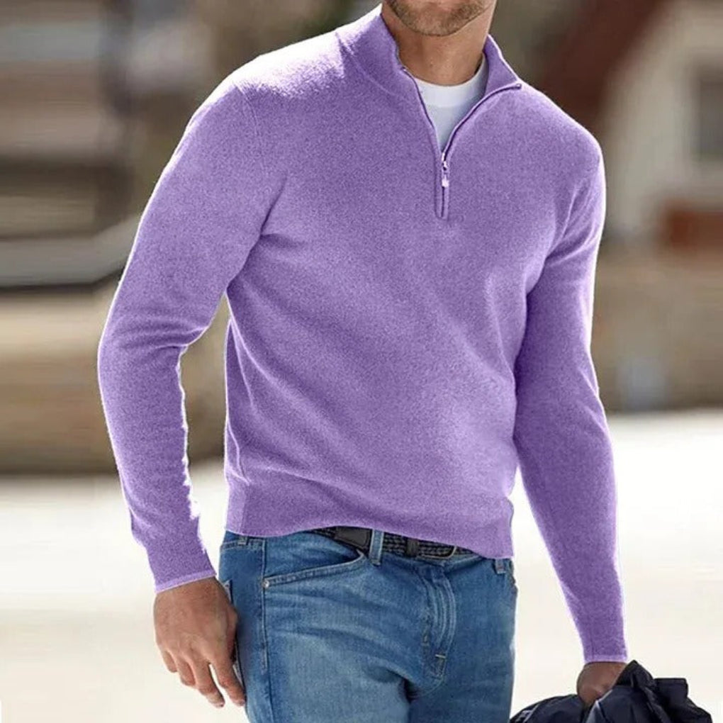 Comfortable men's quarter-zip pullover sweater. Versatile for year-round casual and smart casual styling.