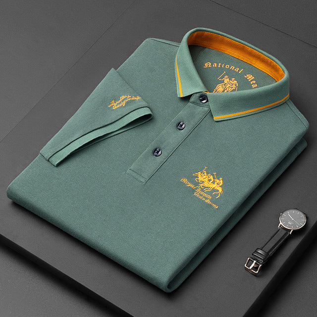 Stylish man wearing a short sleeve classic embroidered polo shirt, perfect for summer fashion