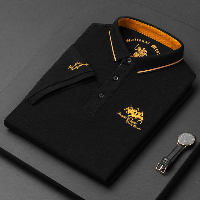 Three men's classic embroidered polo shirts in red, blue, and black, made from a comfortable cotton blend