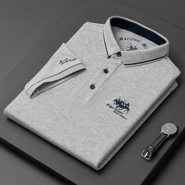 Detail of the comfortable cotton blend fabric of a men's classic embroidered polo shirt