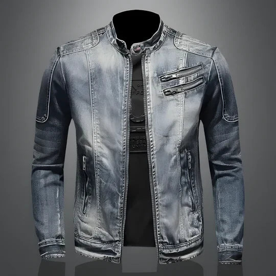 Rugged men's denim jacket with retro vintage style, ideal for everyday casual wear. Features a classic button-up design.