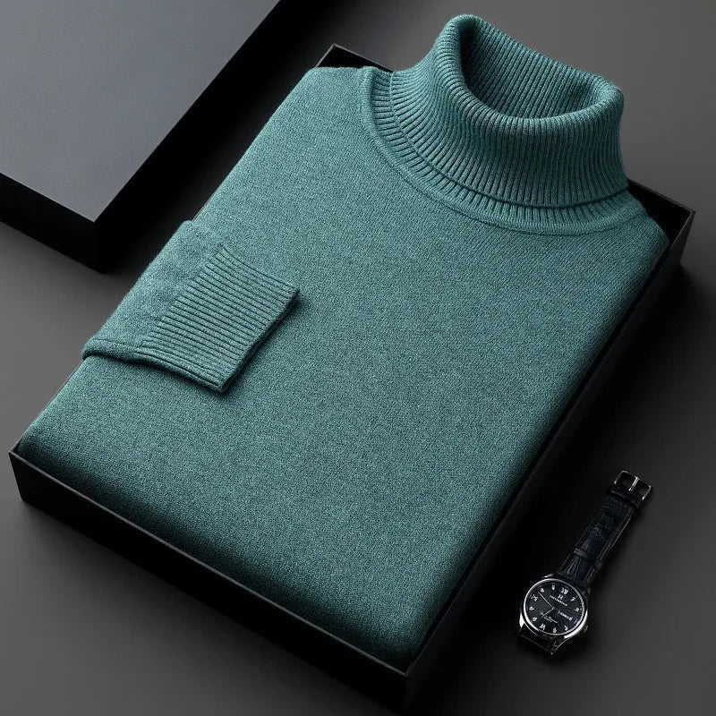Elegant men's roll neck sweater. Warm, long sleeve knitwear, perfect for classic winter style and comfort.