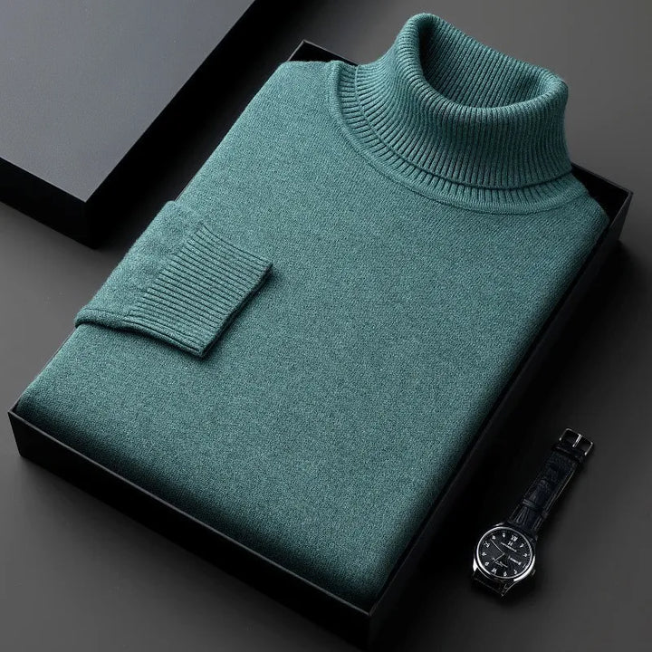 Elegant men's roll neck sweater. Warm, long sleeve knitwear, perfect for classic winter style and comfort.