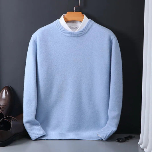 Men's classic round neck sweater, dark grey, perfect for casual winter wear.