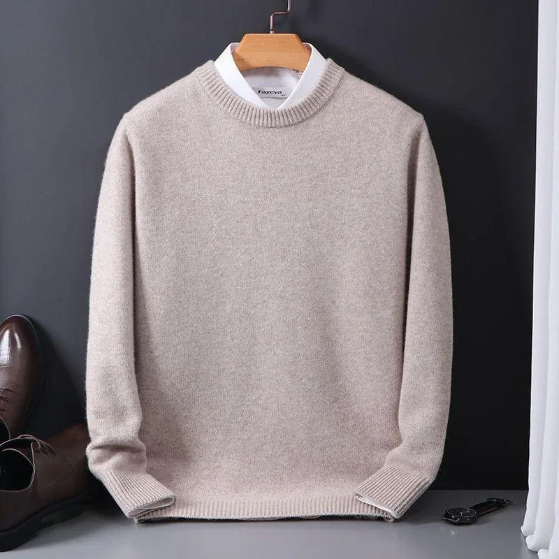 Warm men's round neck knitwear, deep green, essential for cold weather styling.