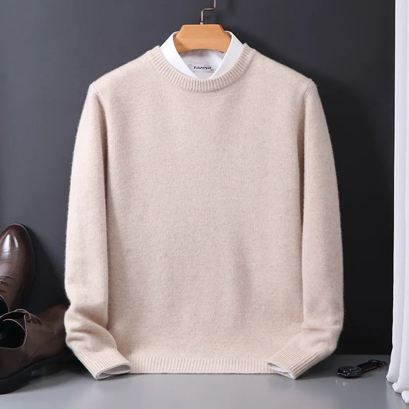 Elegant men's classic round neck pullover, light brown, great for layering.