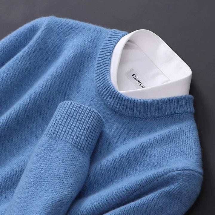 Men's traditional round neck sweater, burgundy, a staple for men's winter fashion.