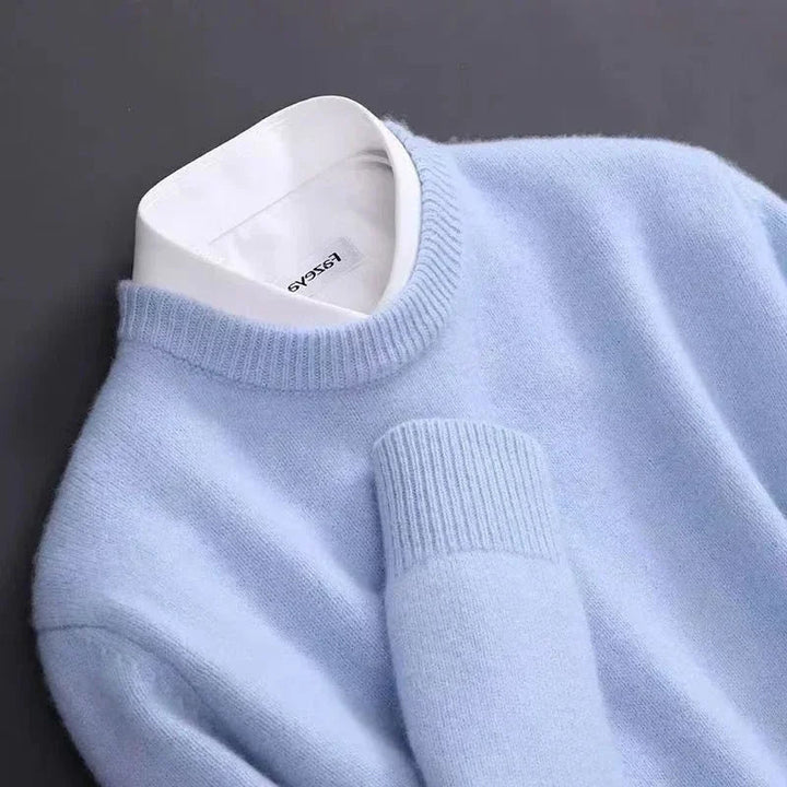 Comfortable men's round neck pullover, blue marl, effortless casual wear.
