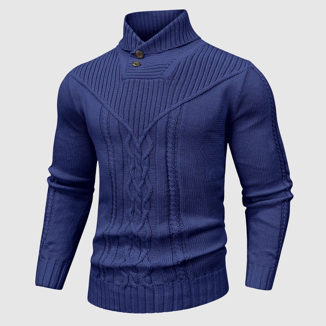 Stylish men's cable knit sweater with a sophisticated shawl collar and button-up detail for warmth.