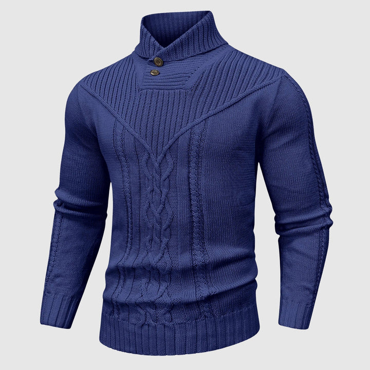 Stylish men's cable knit sweater with a sophisticated shawl collar and button-up detail for warmth.