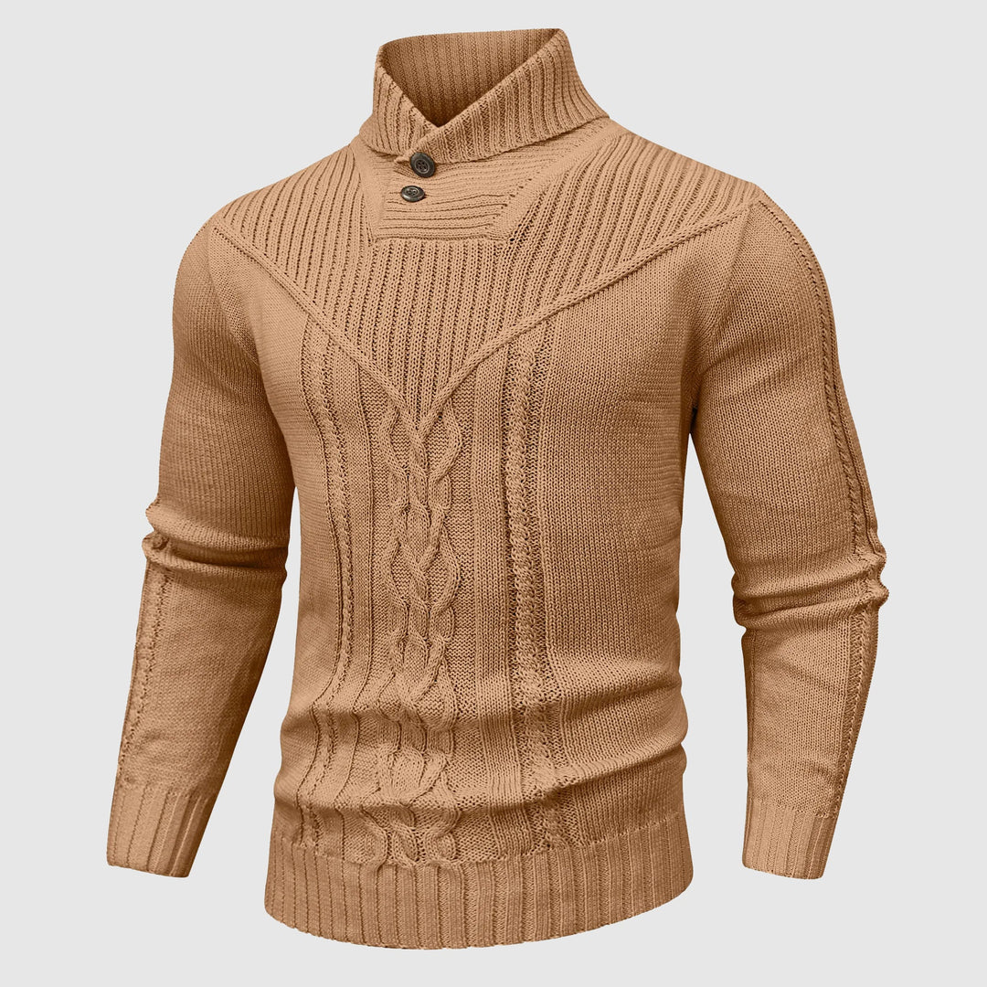 Man wearing a comfortable men's shawl collar cable knit jumper, ideal for casual wear and layered looks.