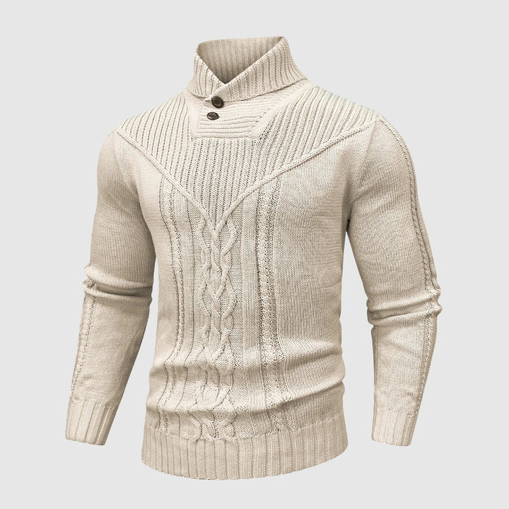 Textured men's cable knit sweater with a refined shawl collar, perfect for cozy winter fashion and fall apparel.