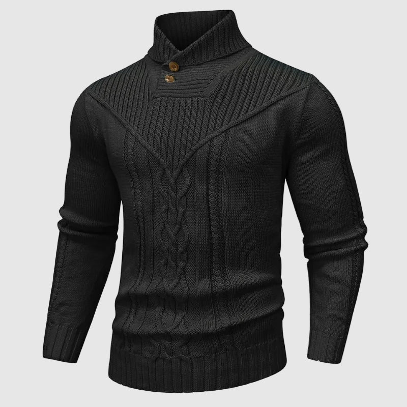 Versatile men's shawl collar cable knit jumper, a timeless men's sweater for casual style or layering.