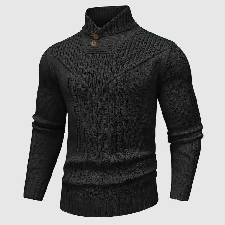 Versatile men's shawl collar cable knit jumper, a timeless men's sweater for casual style or layering.