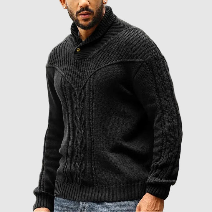 Classic men's shawl collar cable knit sweater, a cozy jumper for everyday wear and stylish fall outfits.