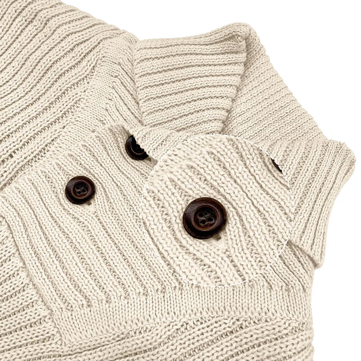 Elegant men's cable knit jumper with a distinguished shawl collar, perfect for sophisticated winter fashion.